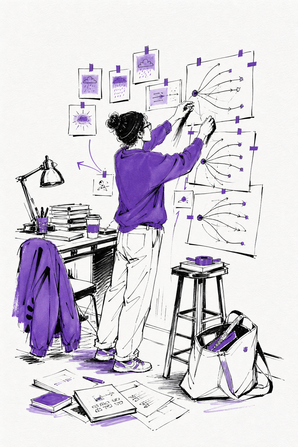 A person working at a wall of branching future plans