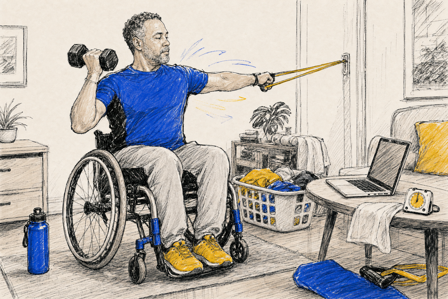 A wheelchair user completes an adaptable home strength session