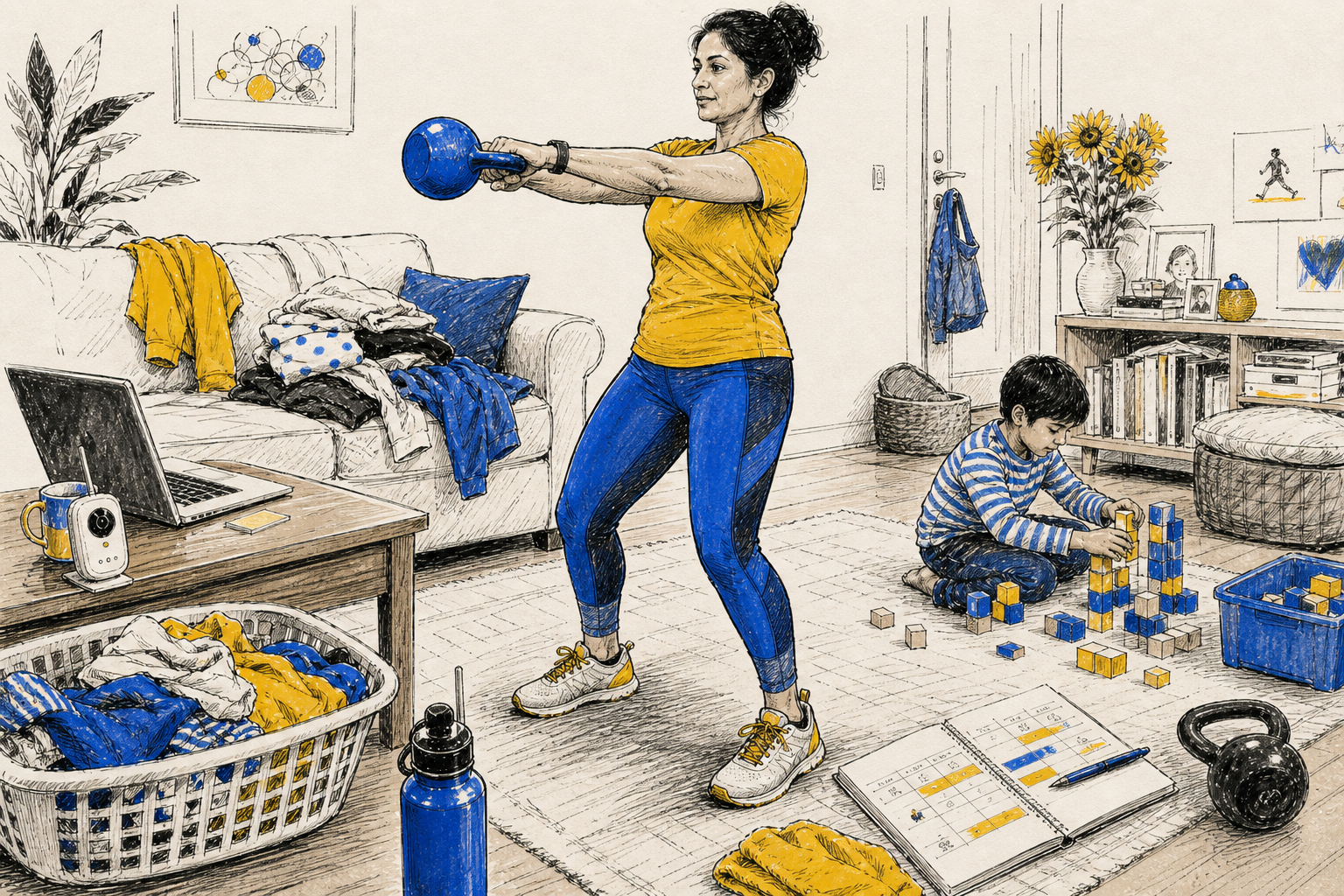 A South Asian mother trains at home while work, laundry and family continue