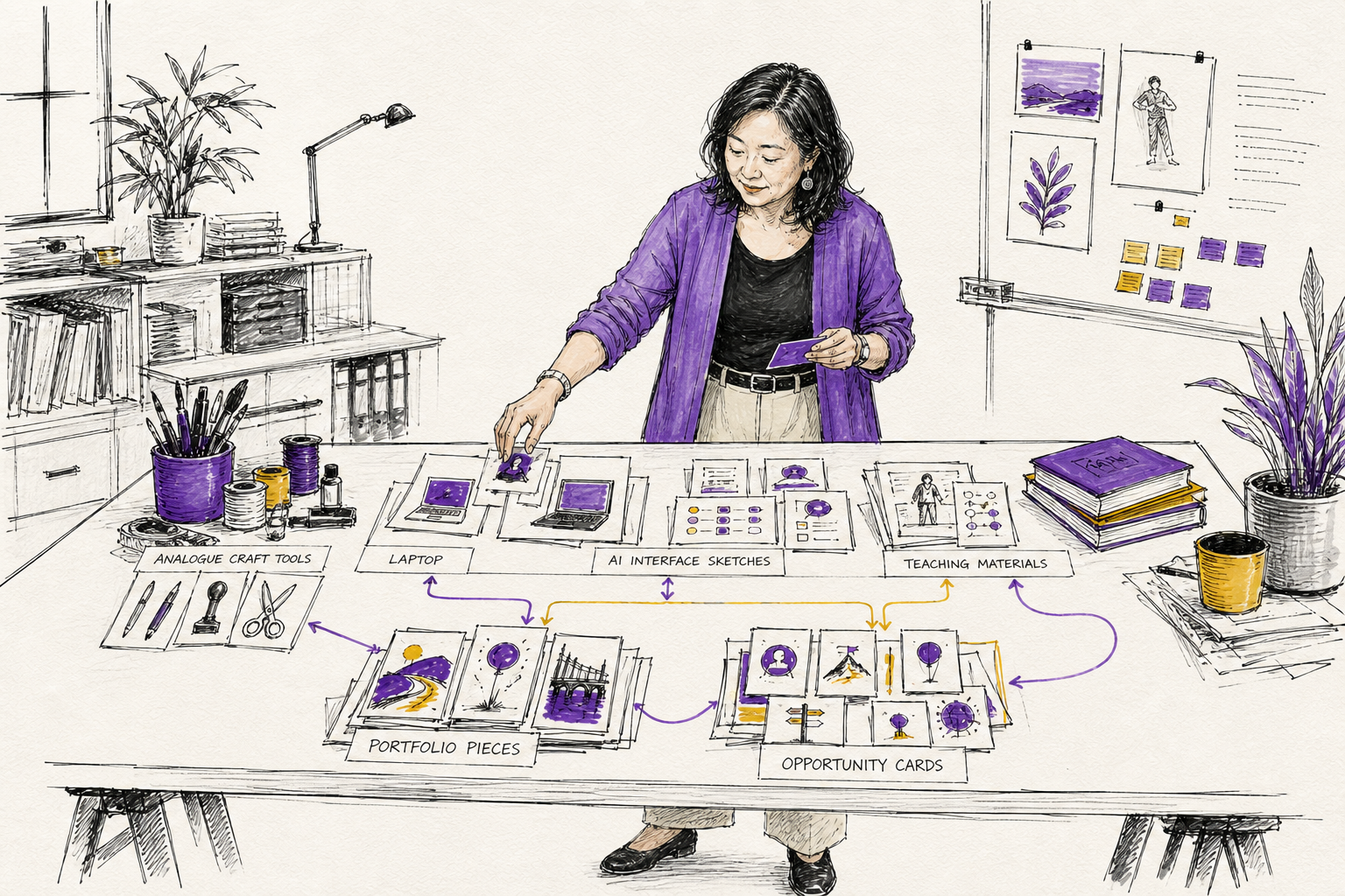 An East Asian woman sorts capabilities and opportunities across a studio table