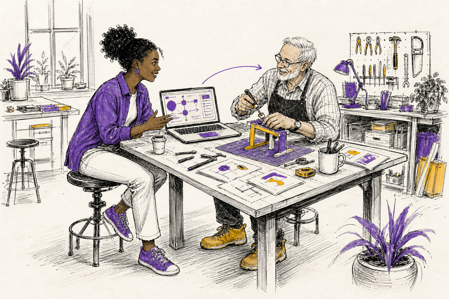 A young Black software designer and older craftsperson teach each other