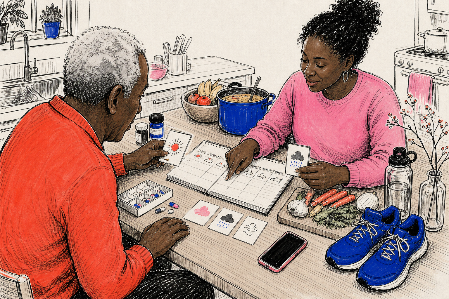 An older Black man and his daughter make flexible health plans at a kitchen table