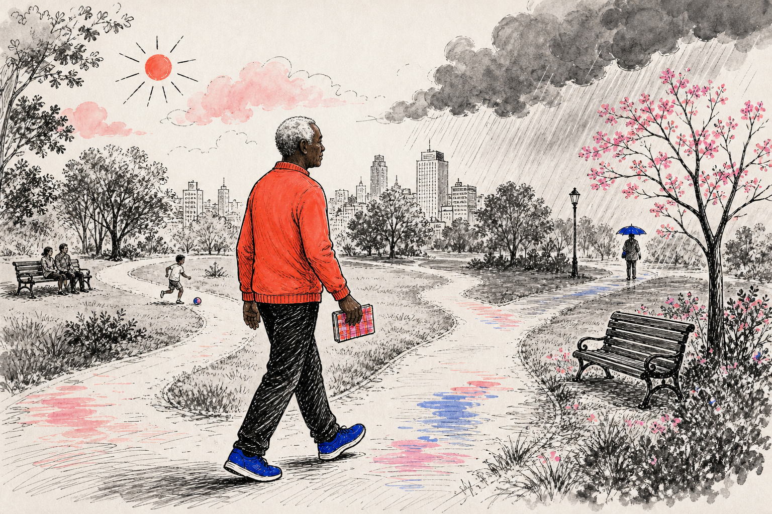 An older Black man walks through a park of changing weather and branching paths