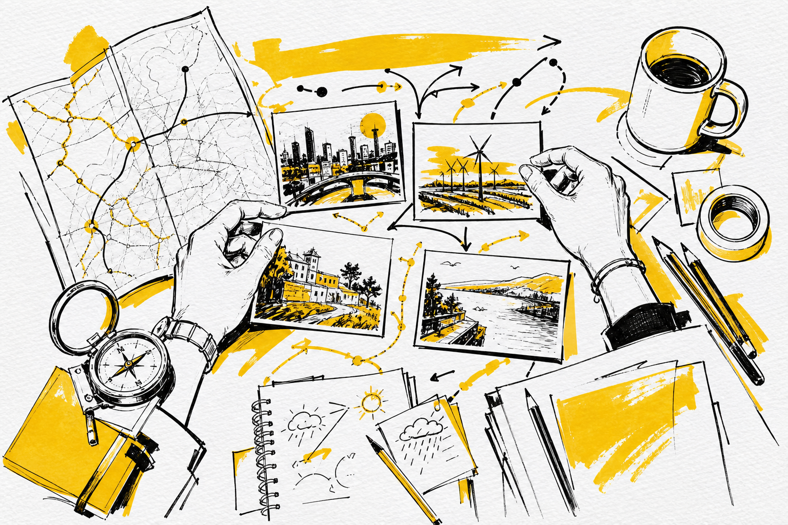 Hands arranging four future postcards, maps and branching routes across a working desk